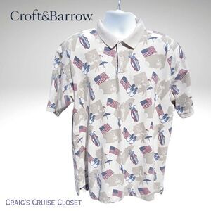 Croft & Barrow Men's Beige Polo Shirt with American Flag and Golf Club Print. XL
